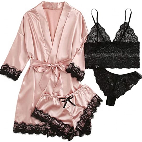 Winter 4 pcs women's sleepwear sexy Stripe Satin Lace lingeries sets Shorts pajamas Sets