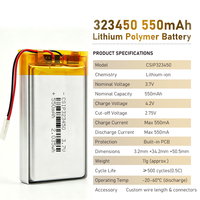Batterie Lipo 323450 550mAh, capacité personnalisée 800mAh 600mAh, batterie polymère au lithium 3.7V, cellules lithium-ion, batteries rechargeables