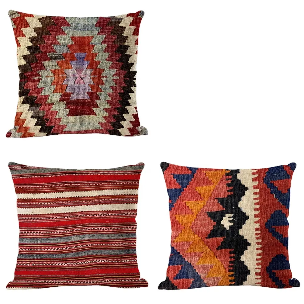 Cojín cuadrado Kilim turco, funda de almohada de algodón de lino geométrica Bohemia, funda de almohada de sofá Tribal étnica con estampado Azteca