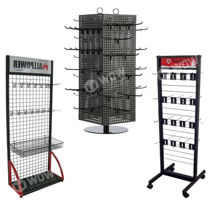 Màu Đen Kích Thước Tùy Chỉnh 4 Mặt Pegboard Kim Loại Xoay Hiển Thị Giá Đứng Cho Đồ Trang Sức