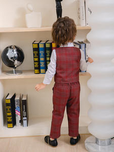 Completo Formale da Gentiluomo per Ragazzi con Motivo a Quadri, Maniche Lunghe, Papillon, Camicia, Pantaloni e Gilet, Set di Abbigliamento per Bambini per Spettacoli, Matrimoni e Banchetti - Product Image 3