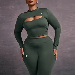 Plus Size Cut Out Detail Active Long Sleeve Top Sports Bra And Matching Leggings Set Women's Clothing