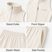 Op maat gemaakte dames sleeveless zip crop matching pak zachte gebreide wijde pijpen broek OEM ODM privélabel voor thuis en vrije tijd