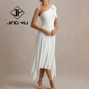 High Quality Elegant <b>White</b> Dress Bow One Shoulder Asymmetric Slit <b>Skirt</b> Custom Made Polyester and Spandex <b>Midi</b> Dress - Product Image 2