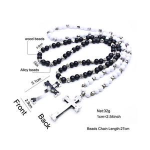 Collier chapelet en perles de bois noir et blanc avec pendentif croix, longueur 27 cm, perles en alliage de zinc pour festivals et célébrations - Product Image 1