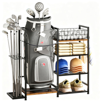 Support de rangement de golf pour garage, organisateur en fer à 4 niveaux avec base antidérapante pour sacs et accessoires de golf, utilisation domestique, jardin et extérieur