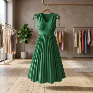 Women's Green Sleeveless V-Neck Floor-Length Eco-Friendly Chiffon Woven Formal Summer <b>Dress</b> with Pleated Hem Empire Waist <b>Loose</b> - Product Image 4