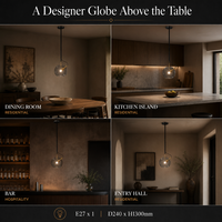 Suspension moderne en verre noir avec corps en cuivre, style globe, tige longue, douille E27, pour îlot de cuisine, salle à manger, chambre, villa, hôtel, décoration