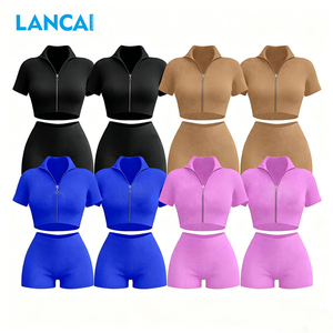 Lancai 2 Piece Lounge Set Women Summer Clothes Short Sleeve Zip up <b>Jacket</b> with Headband Shorts Custom <b>Workout</b> Sets for Women - Product Image 1