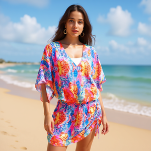 HDJ Traje de baño con mangas de murciélago multicolor, cuello en V, cordón ajustable, minivestido holgado, ropa de playa para mujer, tallas M, L, XL - Product Image 3