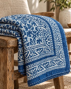 Cubrecama Kantha con Estampado Floral Azul Paisley, 90×108 Pulgadas, para Cama Doble, Estilo Boho, Hecho a Mano, Colcha de Algodón Indio Vintage - Product Image 4