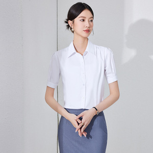 Women's Short Sleeve Shirt Poplin Anti-Wrinkle Office Commuter Style Blue Skirt Set - Product Image 2