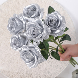 Disposizione floreale artificiale fatta a mano in <span class=keywords><strong>oro</strong></span> argento Rose per simulazione di Pasqua festa del ringraziamento decorazione di nozze rosa unica - Product Image 3