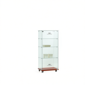 Vitrina Moderna de Vidrio 60x40x140cm con Puerta Abatible con Cerradura, 3 Estantes con Ruedas, Base de Madera de Cerezo, Mueble para Sala de Estar - Product Image 2