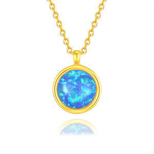S925 Sterling Silver Gold Plated Round Blue <b>Opal</b> Pendant <b>Necklace</b> Dainty Rope Edge Vintage Jewelry For Women - Product Image 1