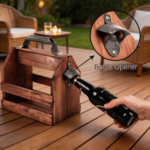Solid Wood <b>Beer</b> Carrier With Bottle Opener Six Bottle Rack For Outdoor BBQ Storage - Product Image 2