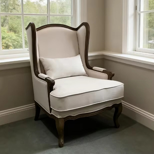Fauteuil <span class=keywords><strong>Wingback</strong></span> classique tapisserie d'ameublement crème cadre en bois sculpté Style Vintage chaise de canapé monoplace pour salon - Product Image 5