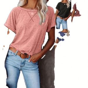 Camiseta de Verano 2023 para Mujer, Nueva, Lisa, de Manga Corta, Estilo Oficina, Retro, Cuello Redondo, Simple - Product Image 2