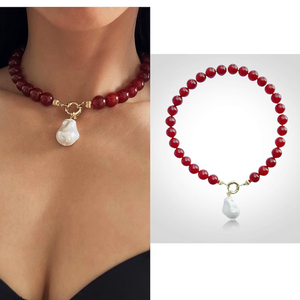 <span class=keywords><strong>Collana</strong></span> <span class=keywords><strong>di</strong></span> moda donna 12mm con <span class=keywords><strong>perle</strong></span> <span class=keywords><strong>di</strong></span> pietre preziose 7A grado rosso corniola grosse con grande perla barocca - Product Image 1