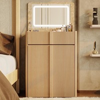 Coiffeuse moderne en bois de chêne de taille personnalisée, gain de place, avec miroir LED rabattable, tabouret caché et éclairage intégré