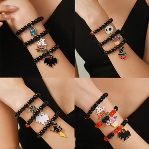Halloween Cartoon <b>Beaded</b> <b>Bracelet</b> Set Black Elastic Rope Three Strand Party Jewelry Pumpkin Ghost Skull Charm <b>Bracelets</b> - Product Image 1