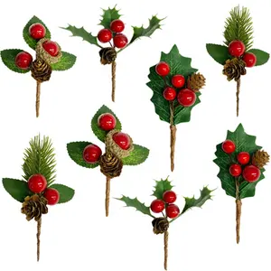 4 Pcs One Set Weihnachts kiefern nadel Obst zweig Kunststoff getrocknete Blumen karte Zubehör Weihnachts kiefern nadeln Zubehör