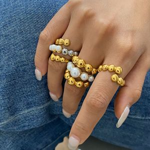 Juego de Anillos de Perlas Yueli, Imitación de Oro y Plata, Forma Geométrica de Bola, Joyería Unisex, Regalo - Product Image 2
