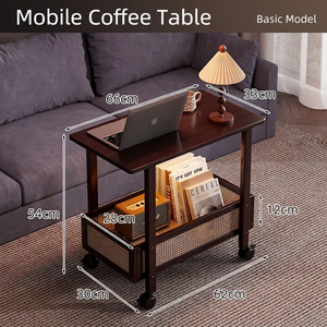 Mobile <b>Side</b> Coffee <b>Table</b> <b>with</b> Cane Weave Basket and <b>Wheels</b> for Living Room Bedroom Hotel Apartment - Product Image 5