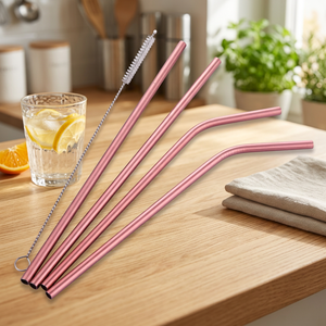 Rose Gold <b>Metal</b> Drinking <b>Straws</b> 4 Pack Reusable Bar Accessories Minimalist Style - Product Image 2