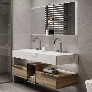 Kabinet mebel kamar mandi kayu polos cokelat grosir kustom bak cuci ganda mewah meja rias kamar mandi - Product Image 1