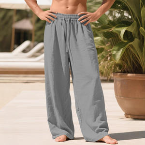 กางเกงลำลองผ้าลินินผู้ชายเอวยางยืดระบายอากาศได้ดีสีทึบกางเกงมีเชือกผูกสำหรับสวมใส่พักผ่อน - Product Image 1