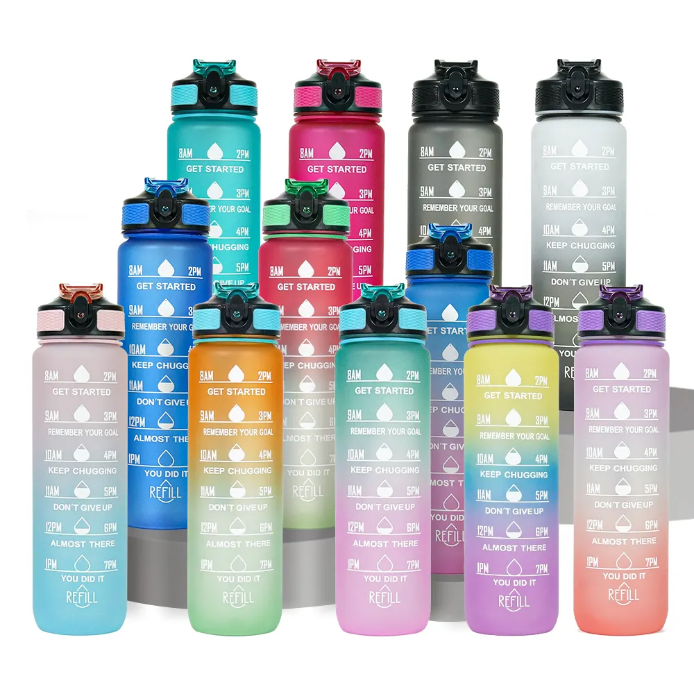 32oz Plastic Sport Gym Motivational water Bottle Bpa Flip Top Cover Drink montivational water bottle with straw