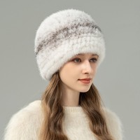 Handgestrickte Nerzfell-Mütze Weiß-Grau Wintermütze für Damen Reise Outdoor