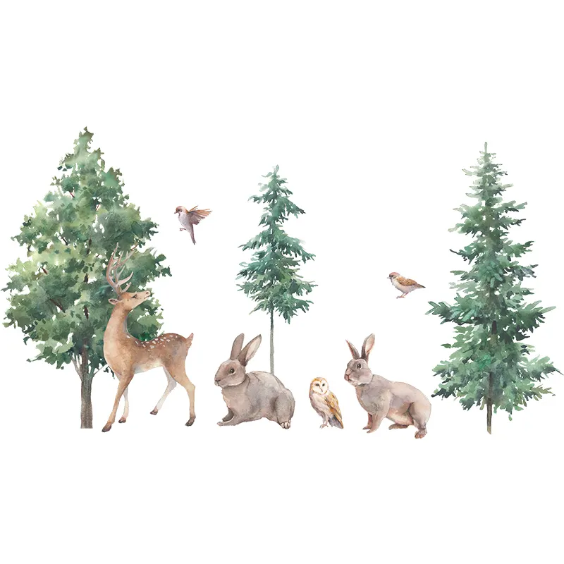 Watercolor hand-painted wall stickers fresh style green trees and elk rabbits wall stickers children's room decoration