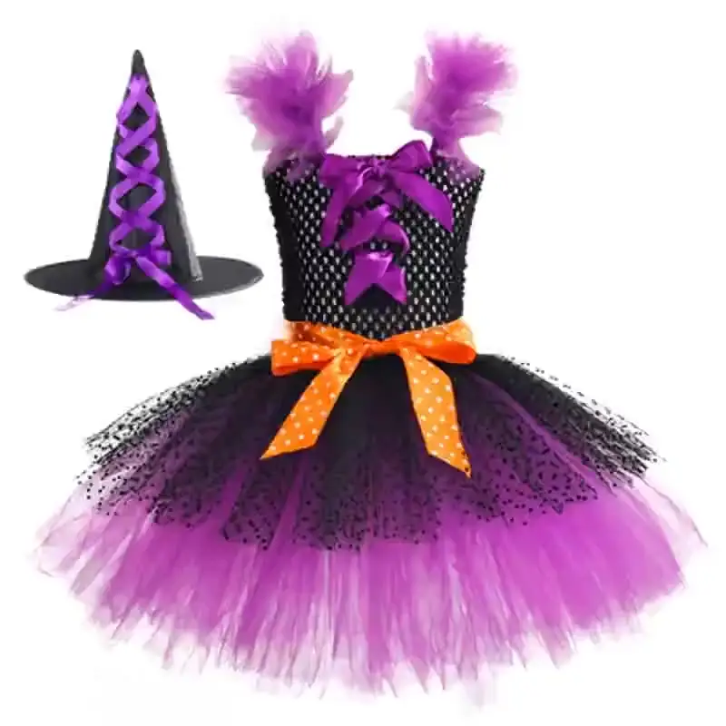 Gaun Pesta Festival Halloween Kostum Dress Up Anak Tulle Lengan Terbang Penyihir Ungu