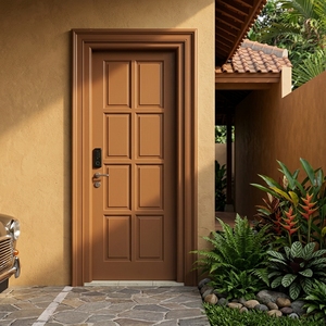 Esta puerta de entrada frontal de estilo americano con múltiples paneles cuenta con una cerradura inteligente para mayor seguridad y un elegante marco decorativo. - Product Image 3