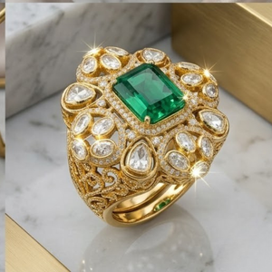 Anillo de Plata 925 con Esmeralda y Kundan, Chapado en Oro, Ajustable, Joyería Elegante para Mujer, para Fiestas Tradicionales - Product Image 3