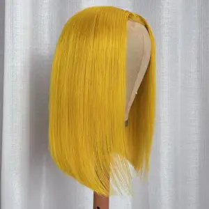 Bright Yellow Short Bob Wigs Transparent Lace Human Hair Straight Lace Front Wig Pre Plucked Raw Virgin Human Hair Cut Bob Wig