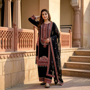 Conjunto de Salwar Kameez Negro Bordado para Mujer, Traje Tradicional Indio Pakistaní para Bodas, Diwali, Fiestas, Graduaciones, Largo hasta el Suelo, de Secado Rápido - Product Image 1