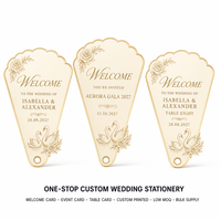 Carte de bienvenue de mariage personnalisée en forme d'éventail avec dorure à chaud, papier absorbant, impression numérique, faible MOQ, carte de bienvenue sur pied