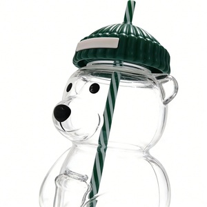 Gobelet en verre en forme d'ours avec couvercle en tricot vert et paille rayée – <span class=keywords><strong>Tasse</strong></span> créative en verre transparent motif ours de dessin animé - Product Image 2