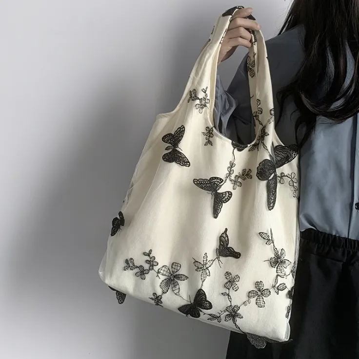 Chất lượng cao bán buôn Canvas Tote Bag với thiết kế BƯỚM THÊU