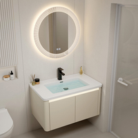 Meuble de salle de bain mural en aluminium, blanc crème mat, avec miroir rond rétroéclairé intelligent à LED et éclairage d'ambiance, ensemble vasque en céramique pour hôtel