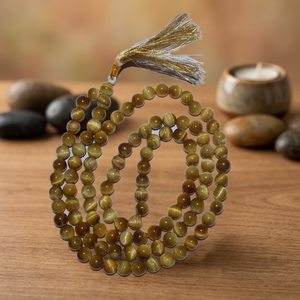 Collier de prière bouddhiste en pierre d'œil de tigre naturelle, perles Jap Mala sculptées, gravées et polies, rondes, avec pompon, 108 unités - Product Image 3