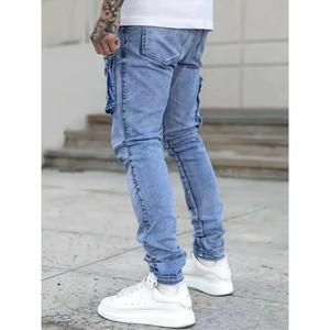 Pantalon en jean bleu foncé pour homme, coupe crayon, confortable, élastique, ajusté, poche 3D, multi-poches, technique de lavage moyen, décontracté, tendance - Product Image 3