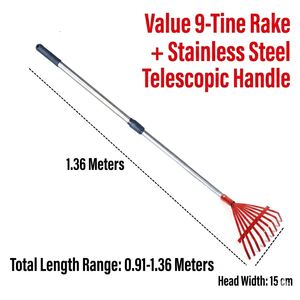 Râteau à feuilles et à herbe en fil d'acier au carbone, balai à feuilles, manche télescopique en bois rouge et acier inoxydable 1,2 m, 9 dents - Product Image 2