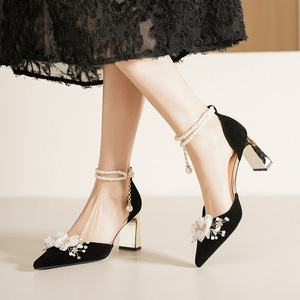 7500H-003 <b>Red</b> Velvet Heeled Sandals Pointed Toe Mid <b>Heel</b> Flower Decorated Bridal Wedding Shoes Comfortable Women Back Strap - Product Image 4