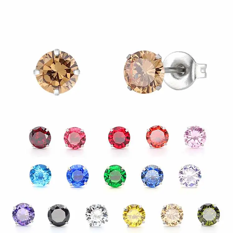 Trendy simple Round diamond studs Gold plated multi colored stone AAA cz cubic zircon stainless steel stud earrings for women