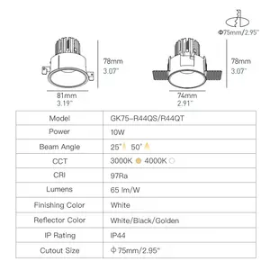 XRZLux Lâmpada de teto regulável IP44 10W LED embutida COB Downlight para uso comercial interior Luz anti-reflexo