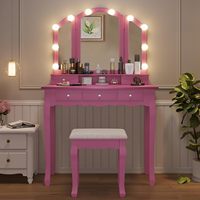 Ensemble Coiffeuse Rose en Gros avec Miroir LED, Bureau de Maquillage à 5 Tiroirs avec Tabouret, Rangement de Bijoux et Crochets, Meubles de Chambre pour Filles